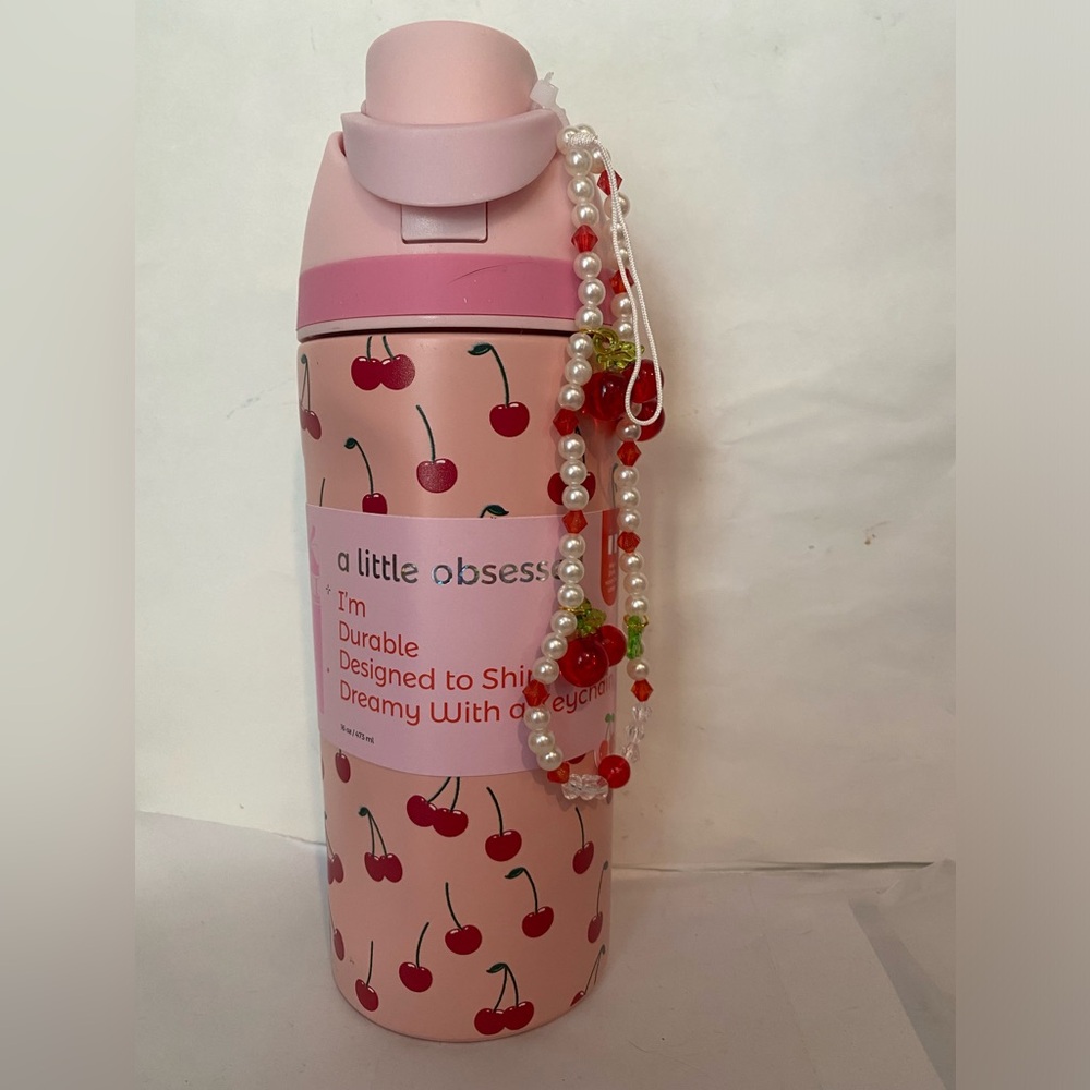 A Little Obsessed "Bows & Cherries " 16 Oz Water Bottle pink  + red cherries